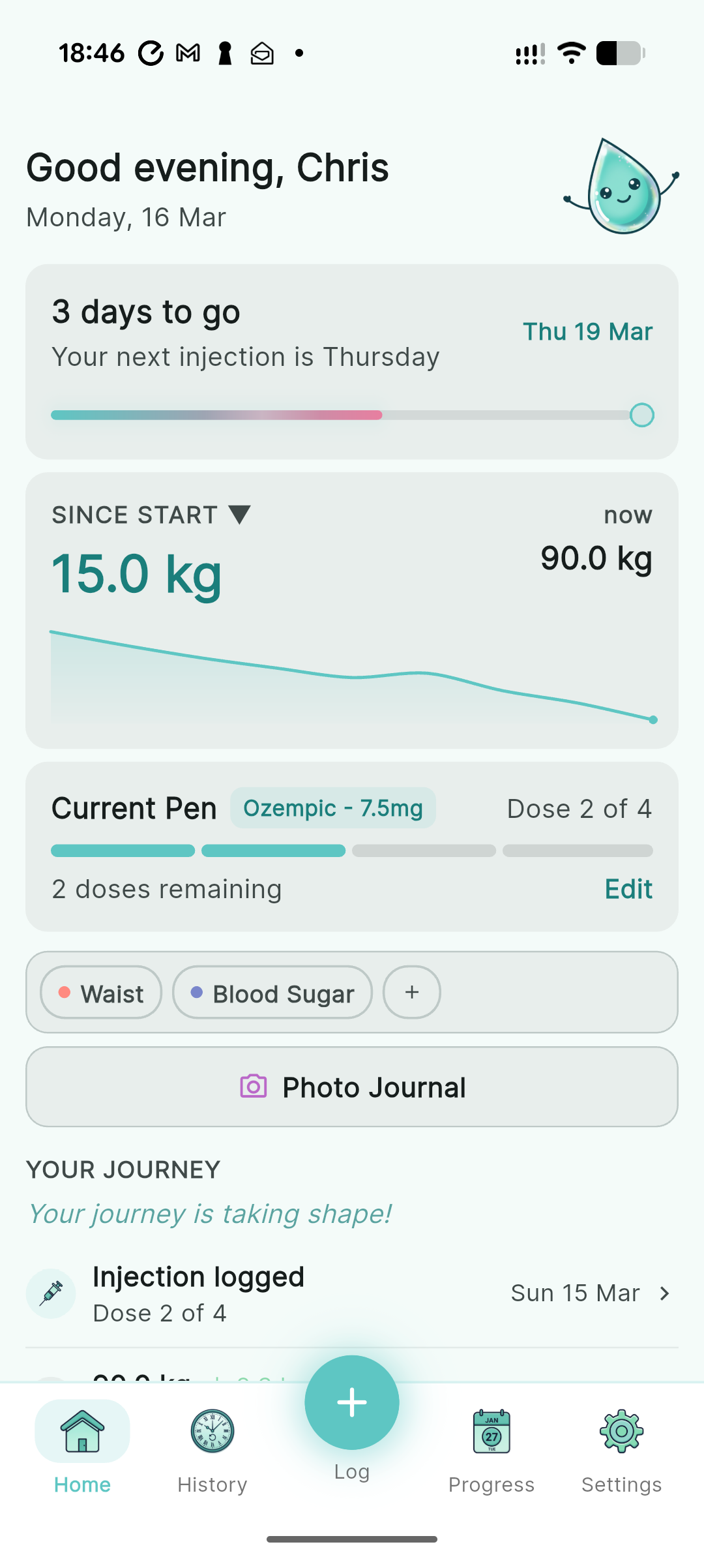 Needled dashboard showing weight chart and injection tracking