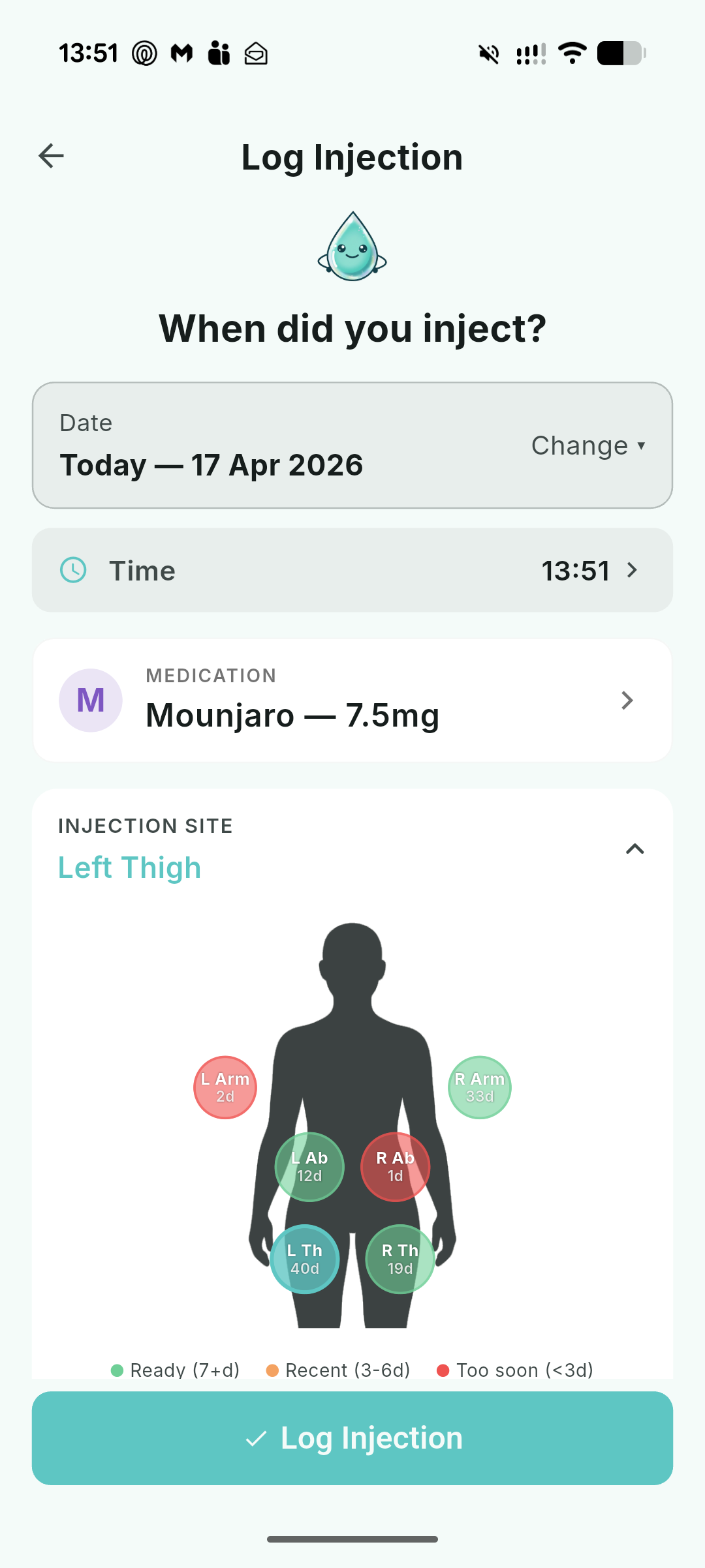 Log injection screen with date picker and dose counter