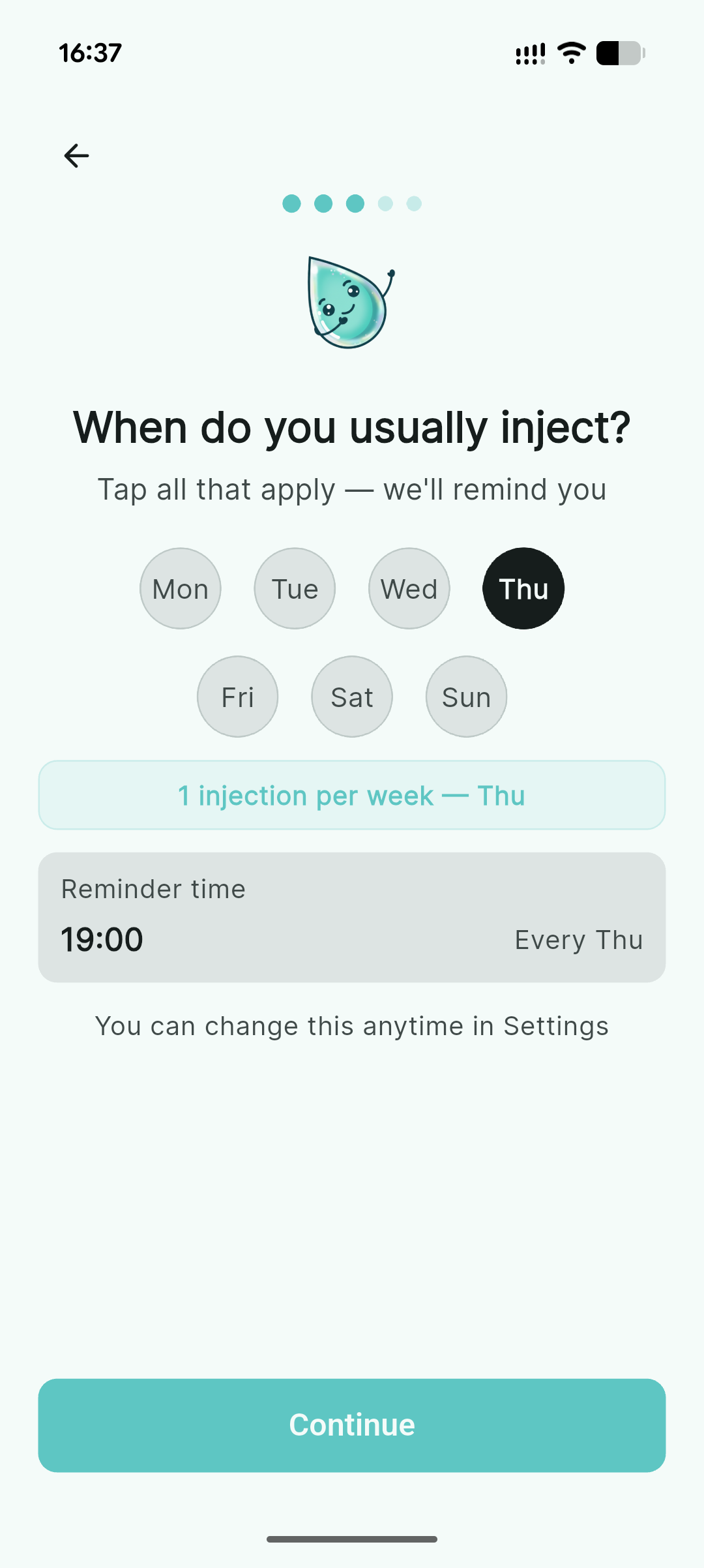 Injection schedule with day picker and reminder time