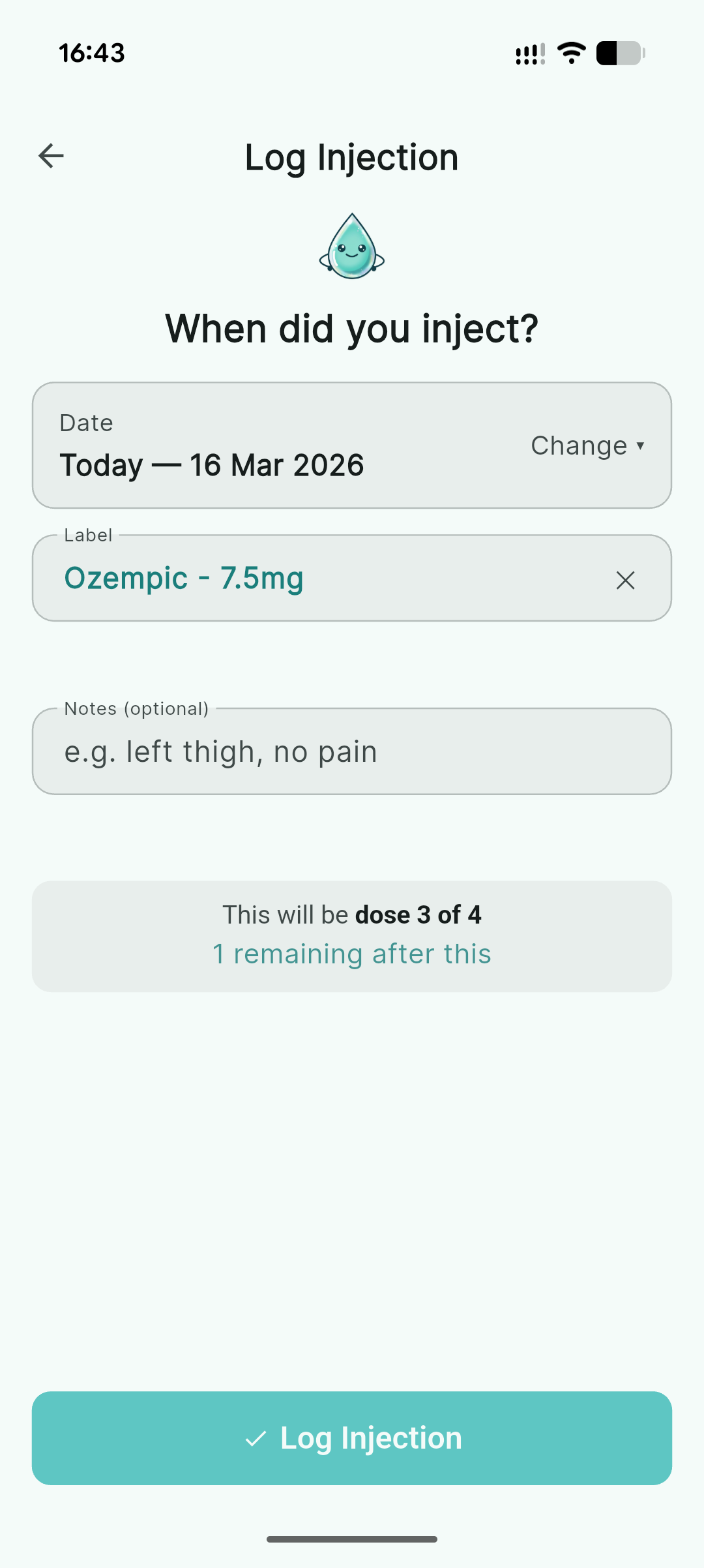 Log injection screen with date picker and dose counter