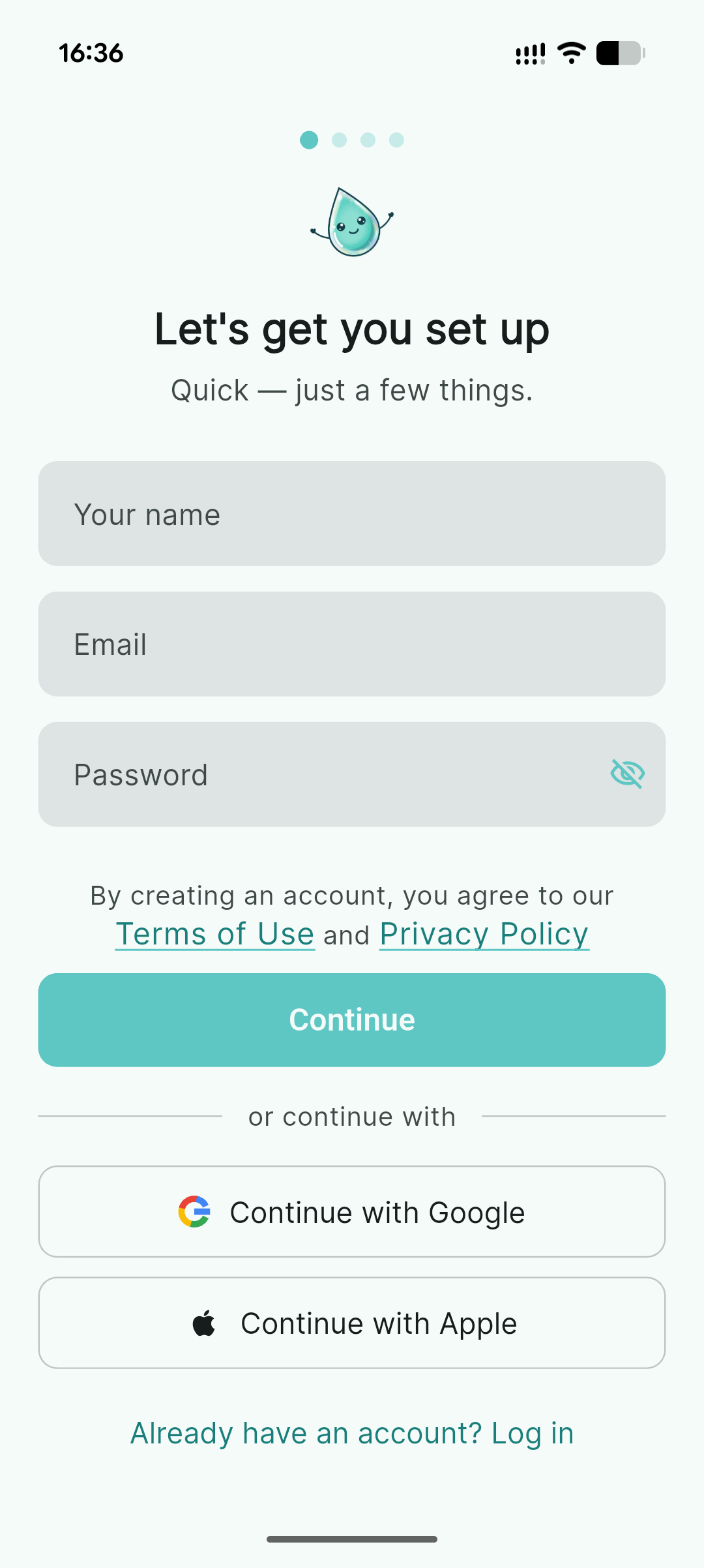 Account creation screen with sign-up options
