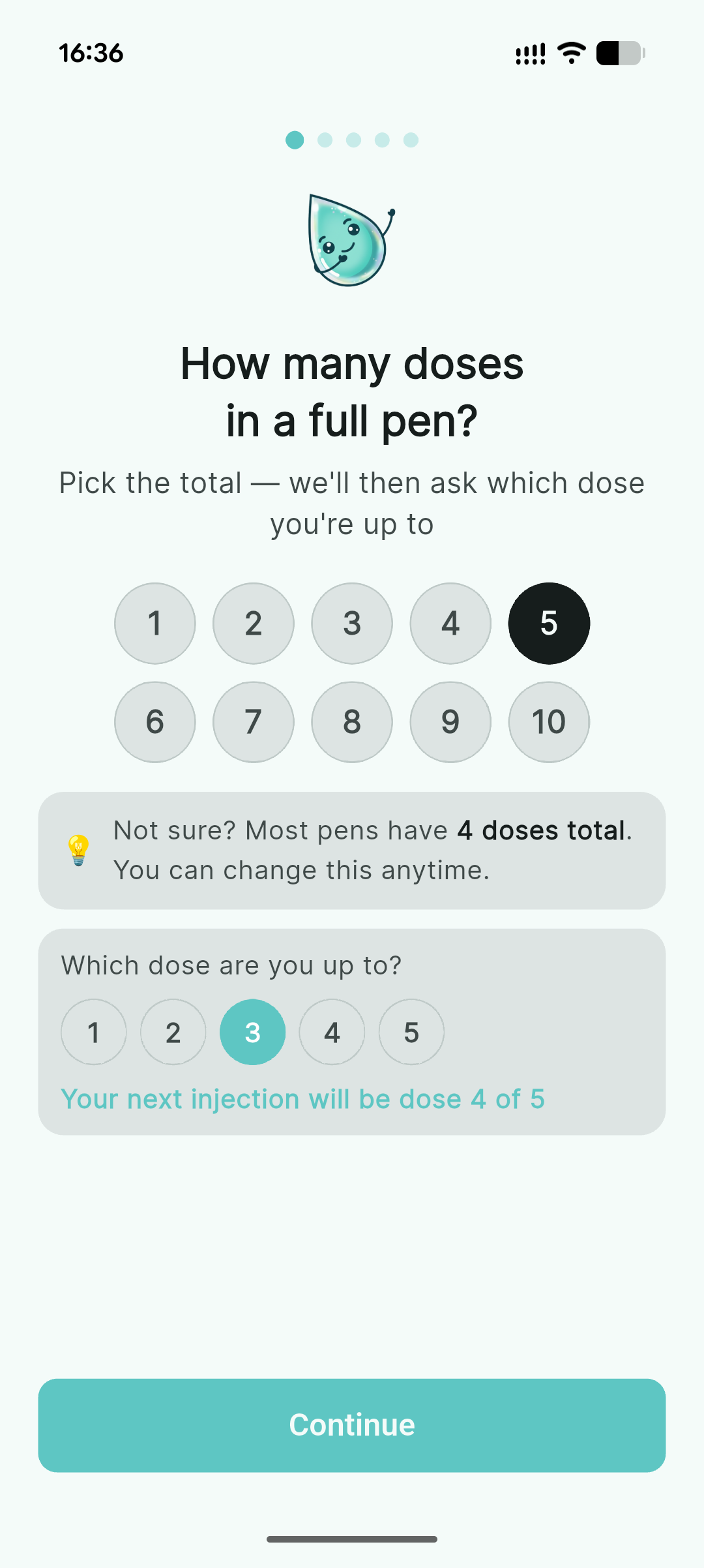 Pen setup screen with dose count picker