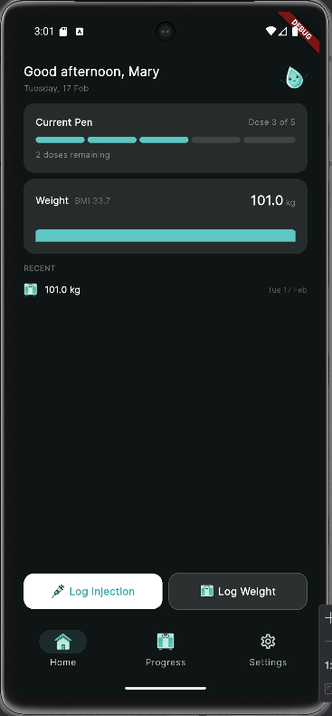 Needled home dashboard showing pen progress and weight tracking